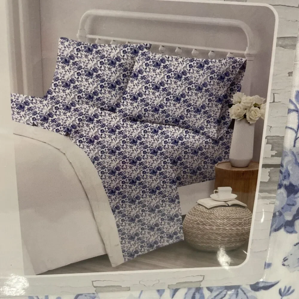 The Farmhouse KING Rachel Ashwell 100% Cotton Flower Floral Blue White Sheet Set